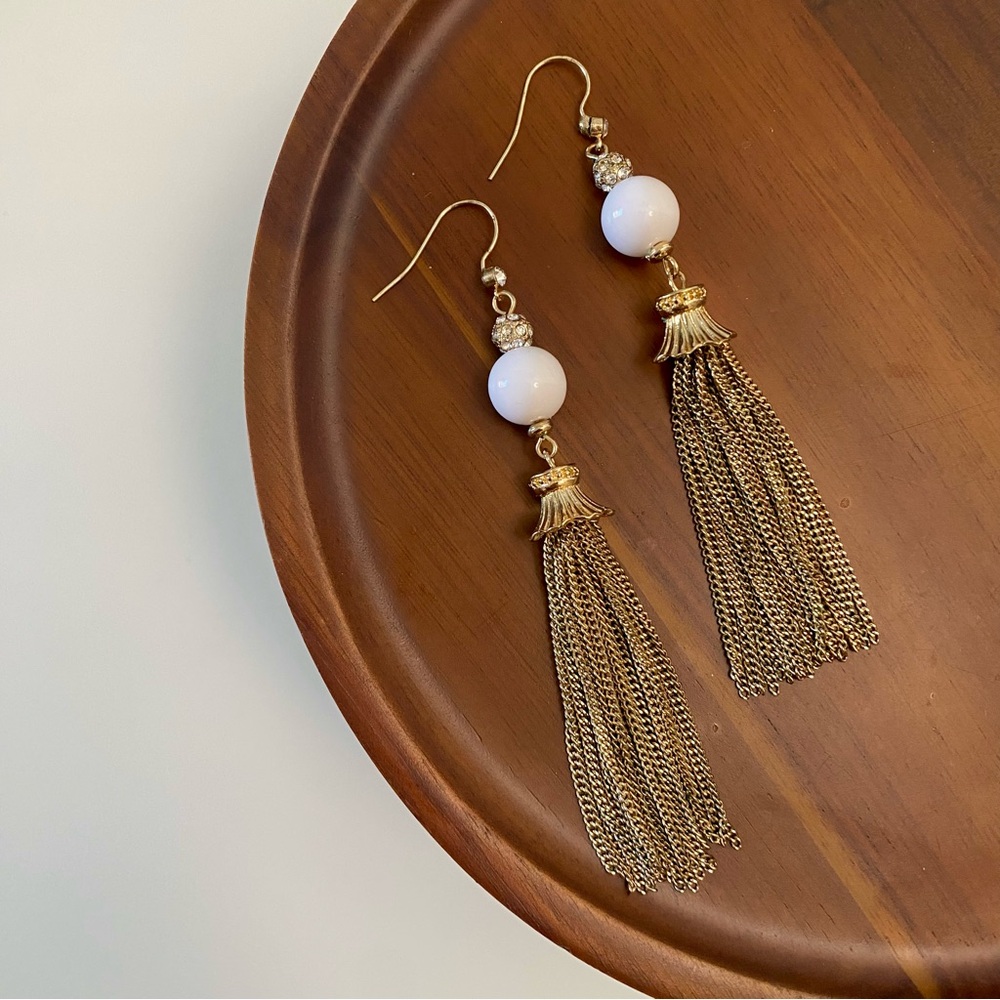 4/$15 White Stones Gold Dangling Tassel Drop Earrings